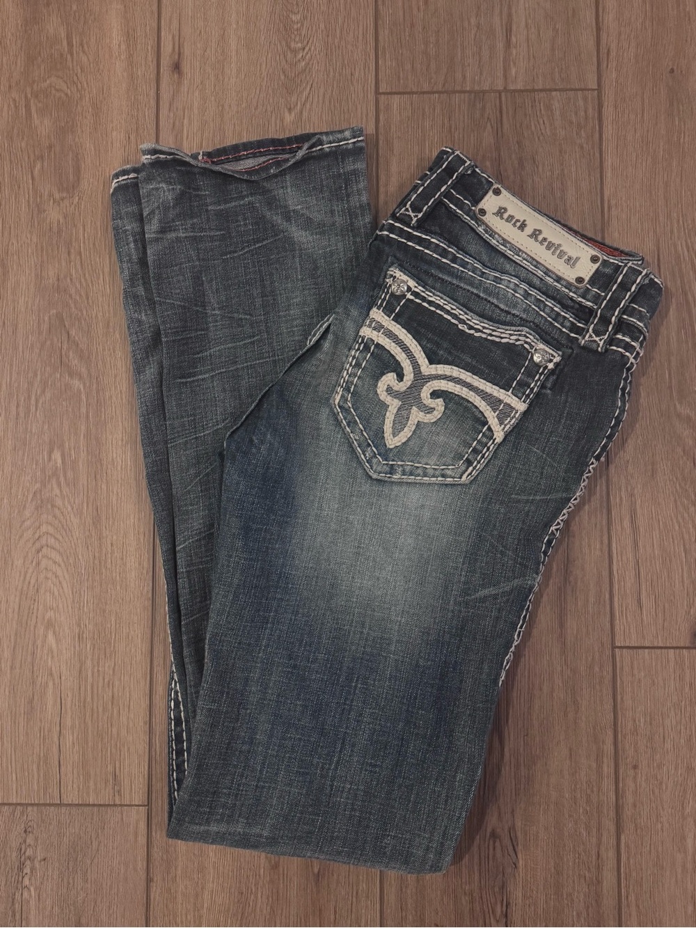 Rock Revival Blue Zoey Straight Jeans with White Pocket Stitching, Size 30